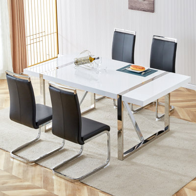 5-Piece Modern Glam High-Gloss Manufactured Wood Dining Table Set with Faux Leather Cantilever Chairs