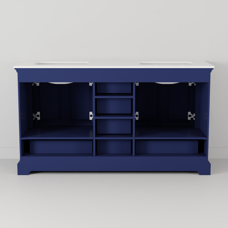 Dukes 60 in. W x 22 in. D Double Bath Vanity, and 58 in. Mirror, White Cultured Marble, Navy Blue