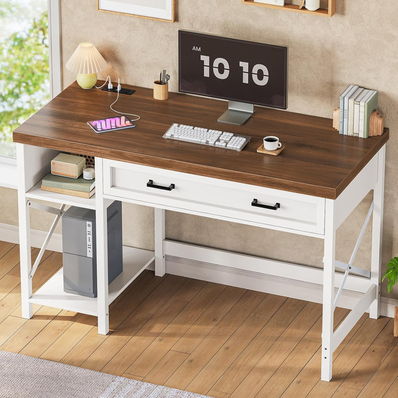 40" Study Table, Small Computer Desk With Drawer & Storage Shelves, Farmhouse Writing Desk, Brown/White