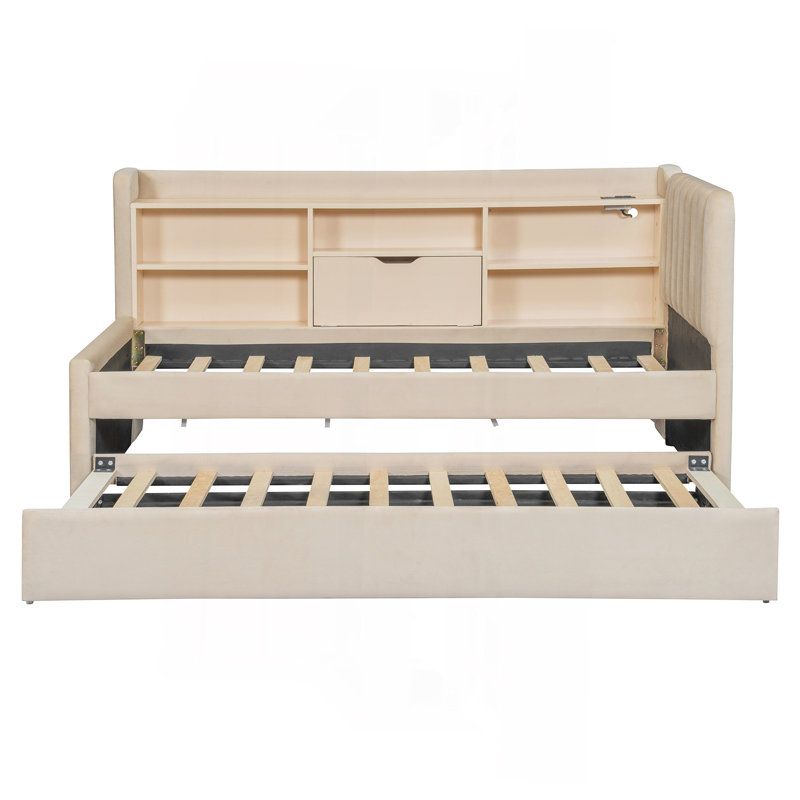 Twin Size Upholstered Daybed With Trundle, Storage Shelves, USB & Outlet (Beige), Beige