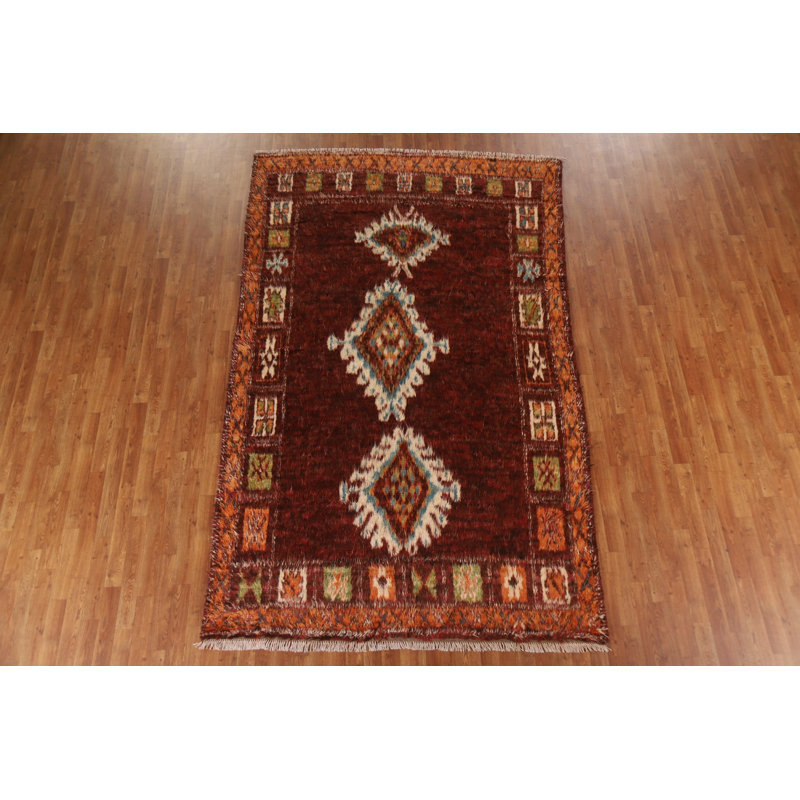 Tapis rouge en laine noué à la main de conception unique 6 pi 4 po x 10 pi 3 po New Age