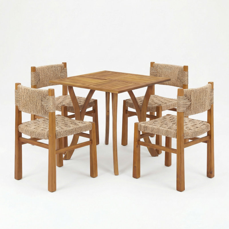 Ensemble repas 5 pièces en bois d'acacia avec osier Hapeville, Osier brun clair / teck