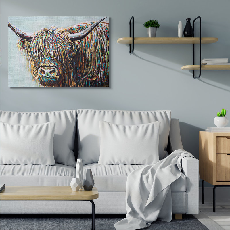 «Whimsical Rainbow Hair Woolly Highland Bétail» par Carolee Vitaletti - impression sur toile, H 36 po x l 48 po, Toile tendue