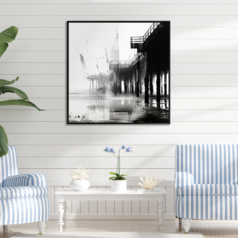 Minimalisme noir et blanc, paysage de jetée - nautique et plage, art mural sur toile, Cadre flottant noir