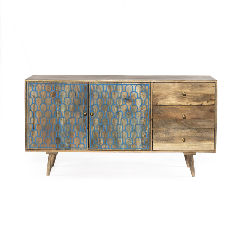 Buffet 57 tiroirs 57 po en bois de manguier, Naturel / turquoise