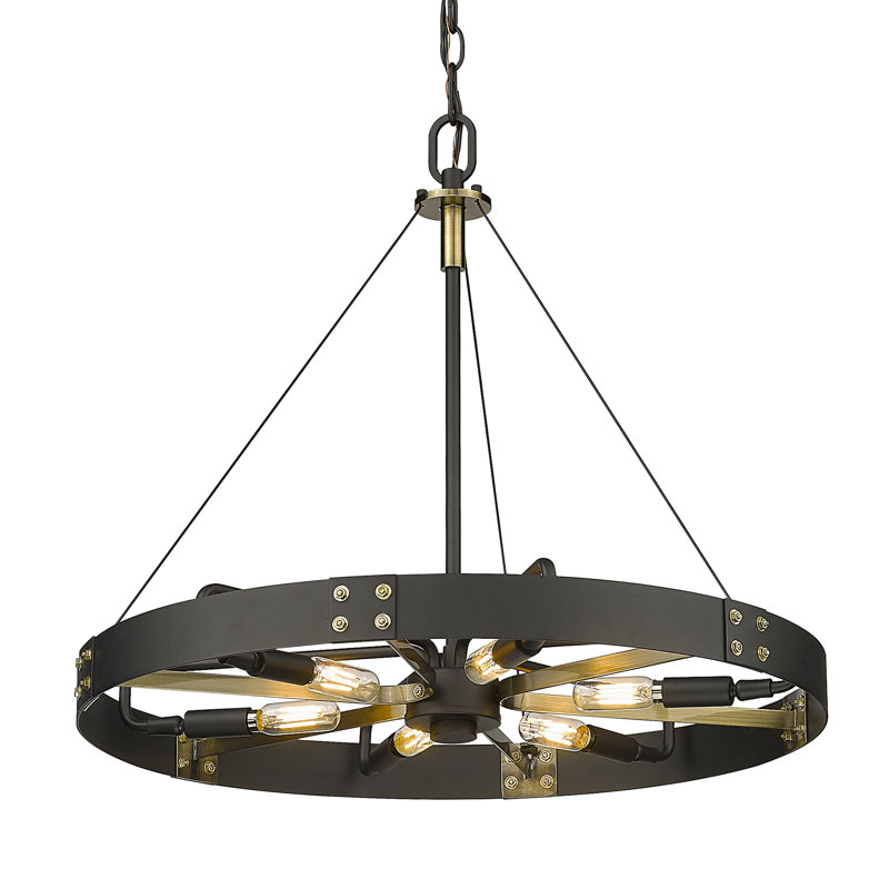Luminaire suspendu à roue de chariot unique à 6 lumières Jocey, Laiton vieilli