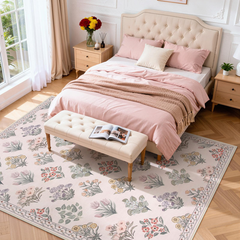 Vintage Garden Floral Washable Area Rug with Non-Slip Backing, Rectangle 5' x 7', Pink