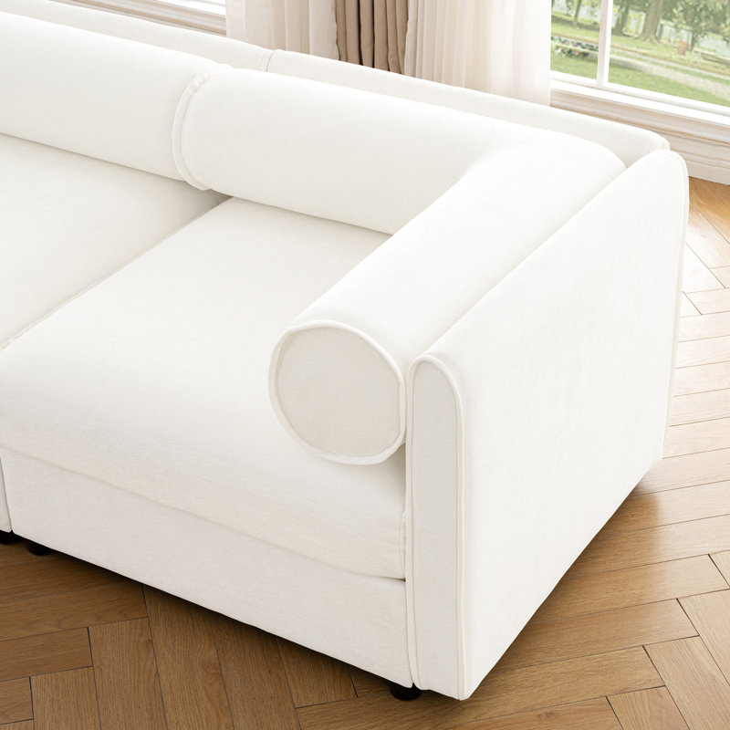 Canapé modulaire en chenille blanc - 6 places, avec rangement et cylindrique, Blanc