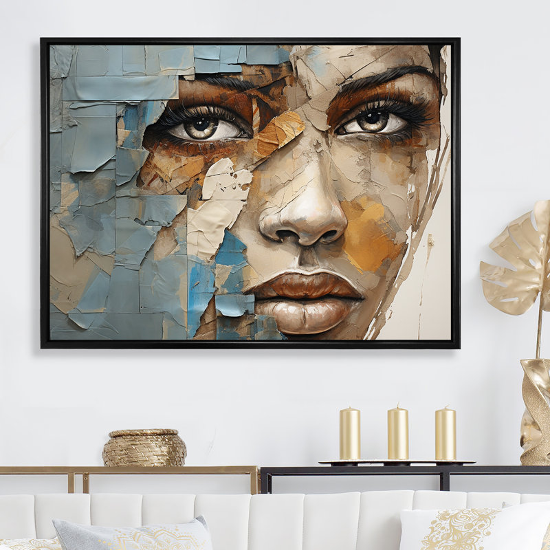 «Paint Collage African Woman I», reproduction d'art sur toile, Cadre flottant noir, H 24 po x l 32 po x P 1 po