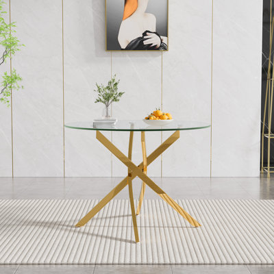 Table de salle à manger de 36 po pour 2 à 4 personnes, table de salle à manger moderne en verre avec pieds croisés en métal, tables rondes encastrées pour la salle à manger, la cuisine et le salon