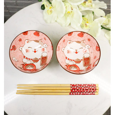 Ensemble de 2 bols en céramique rouge Maneki Neko 12 oz avec baguettes en bambou Lucky Cat
