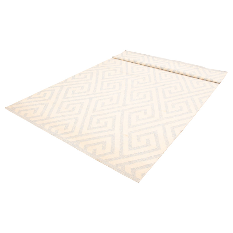 Tapis oriental crème et bleu en laine tissé à plat à la main 13 pi x 16 pi Anedra