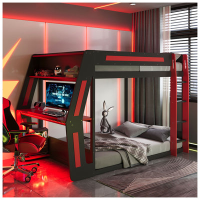 Lit superposé double pleine grandeur avec bureau RVB surdimensionné monté sur le côté, ports de charge USB et œillet pour câble, bande lumineuse à DEL, structure de loft Esports robuste - conception fraîche - rouge