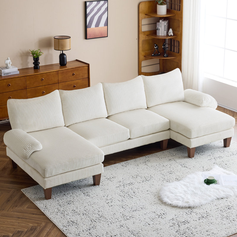  110 In. Pillow Top Arm U-Shaped Sectional Sofa, Beige Corduroy