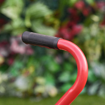 Chariot de jardin Outsunny, scooter roulant avec siège pivotant et réglable, plateau à outils, panier-seau, rouge et noir