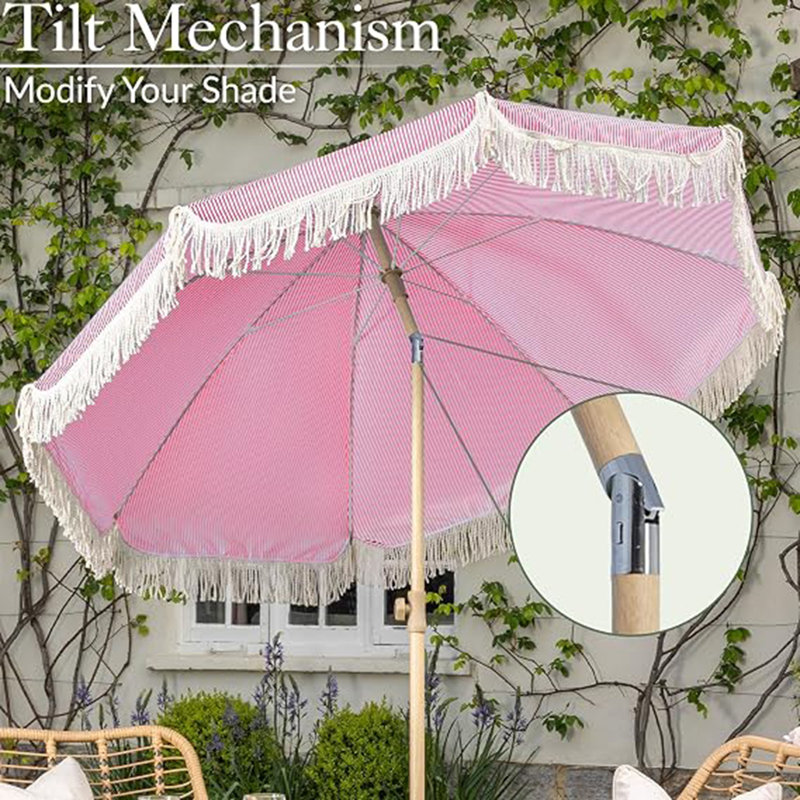 2m Tassel Beach Umbrella,Outdoor Patio Sunshade with Tilting Canopy, Pink Stripes