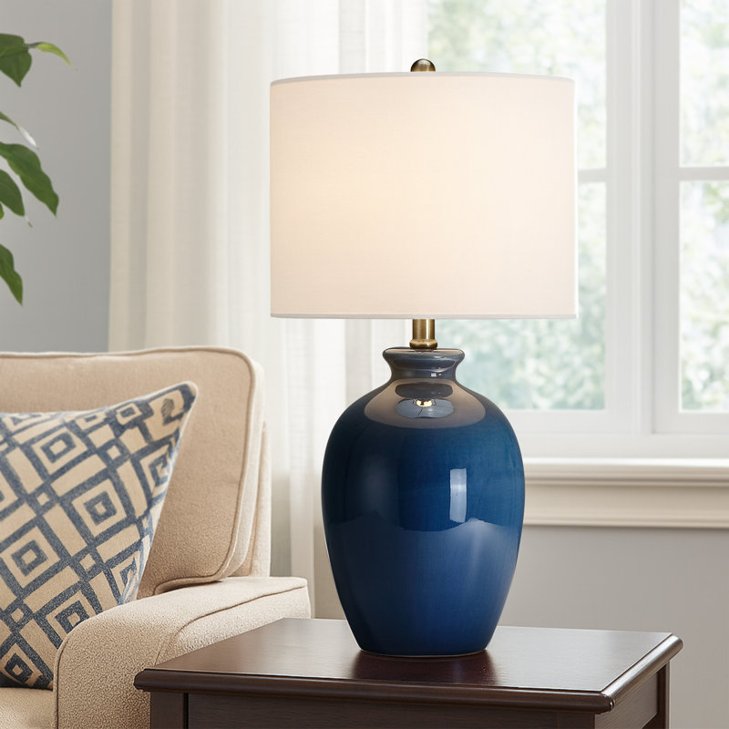 Lampe de table 22,5 po en céramique avec abat-jour tambour, Bleu
