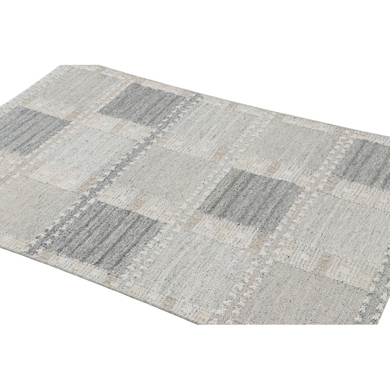 Rug & Kilim’S Scandinavian Rug In Gray And White Geometric Patterns, Rectangle 12' x 16'