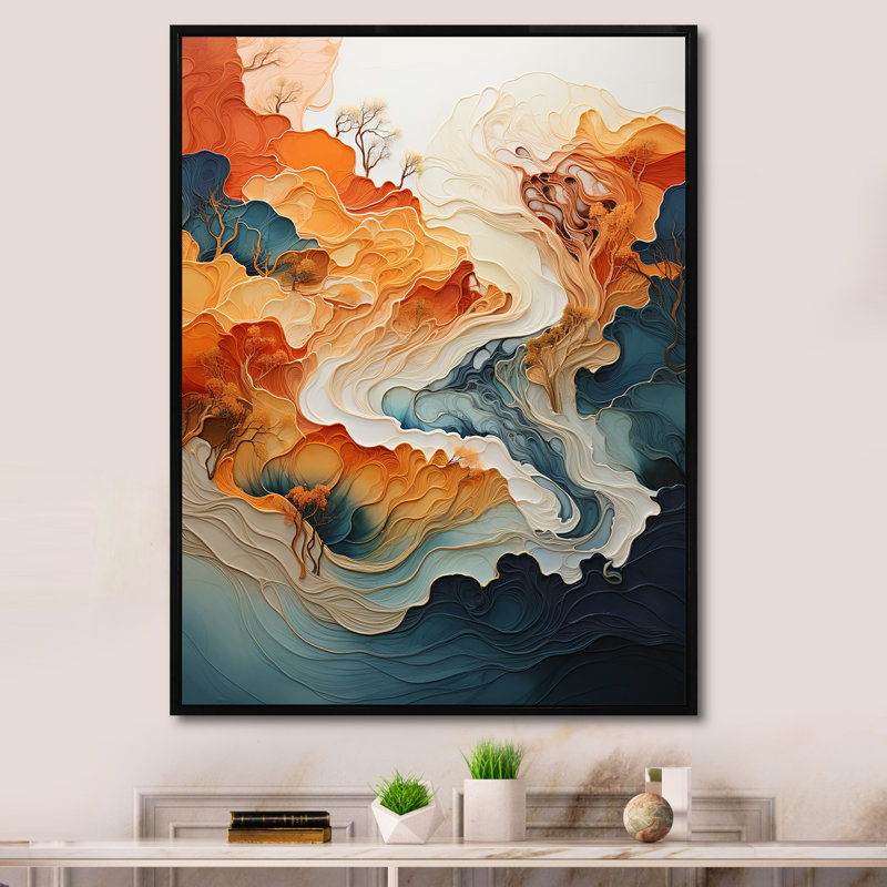 «Abstract Orange and Blue River Ink I», reproduction d'art sur toile abstraite en marbre, Cadre flottant noir