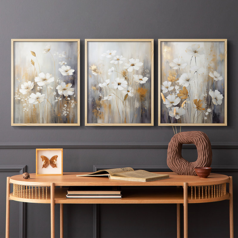 Floral Study Series XCVI -Set de 3 estampes numériques giclées -Prêt à accrocher, Naturel, H 14 po x l 33 po