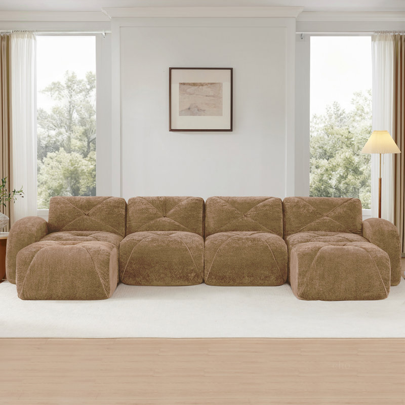 Canapé en forme de U sans os, conception capitonnée, fond en éponge haute densité 32D, conception antidérapante, aucun assemblage requis, combinaison libre, repose-pieds amovibles pour le salon, cinéma maison, chameau