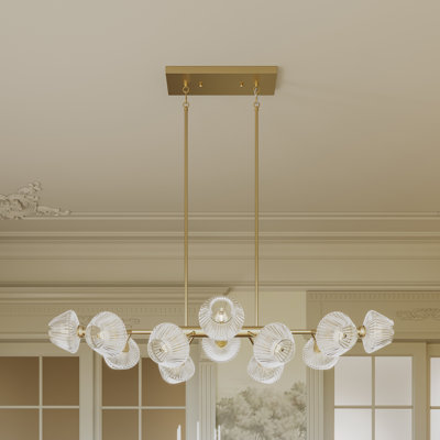 Lustre linéaire doré à 12 lumières avec abat-jour en verre côtelé Austen