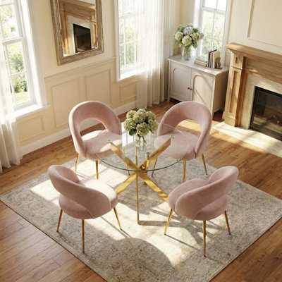35.4" Round Glass Dining Table Set for 4, Modern Kitchen Table With 4 Upholstered Velvet Chairs
