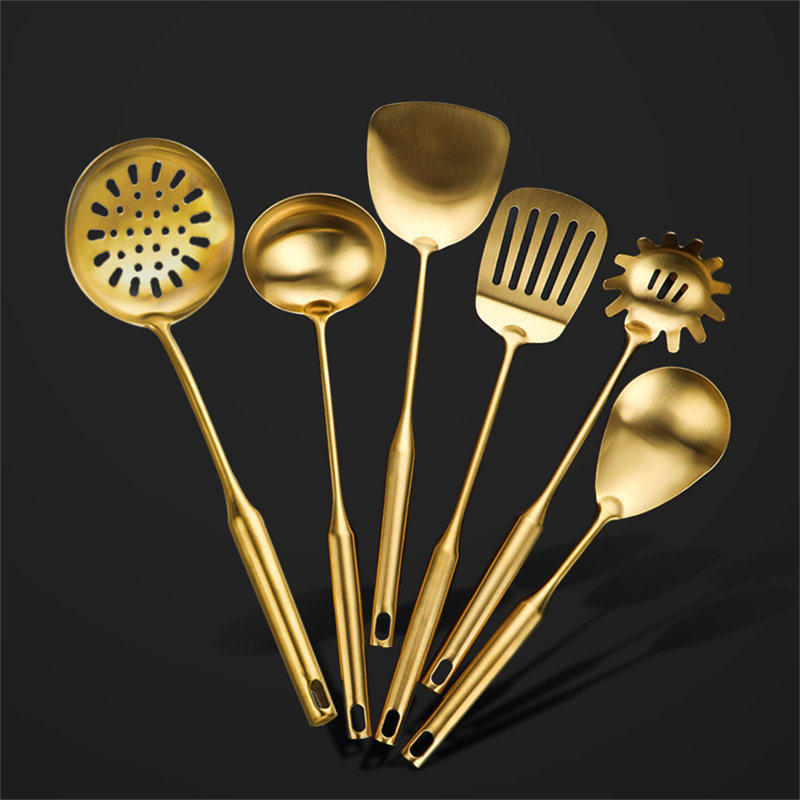 6-Piece Premium Gold-Toned Stainless Steel Cookware Set - Non-Stick Pots, Pans, Spoons For Kitchen Cooking