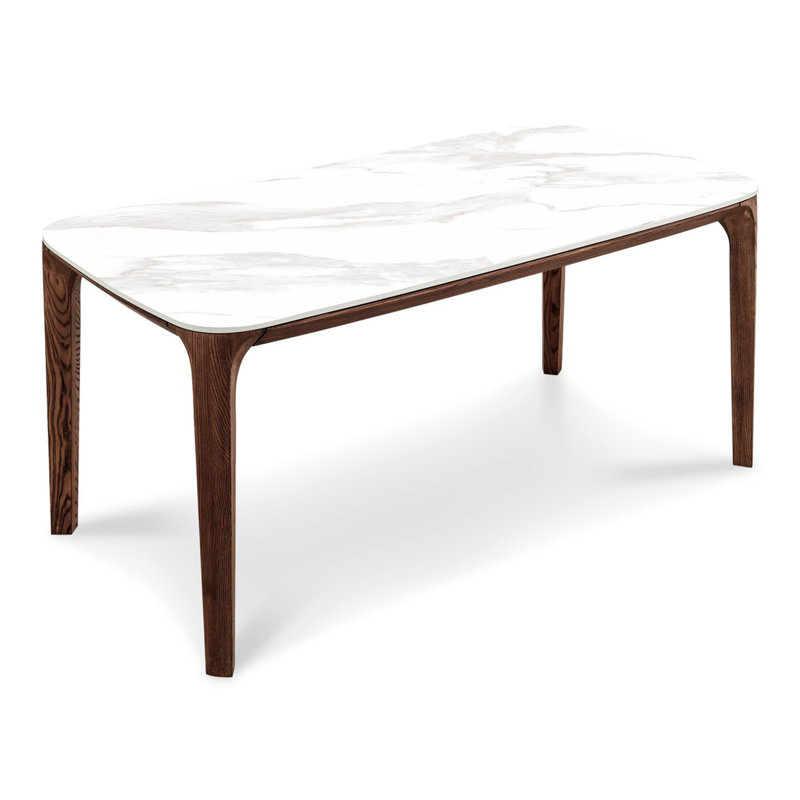 Table de salle à manger rectangulaire 5,9 pi avec plateau en céramique et structure en bois de frêne teinté noyer, légère, hygiénique, imperméable, givré, assemblage à la chaleur, surface solide, structure moderne