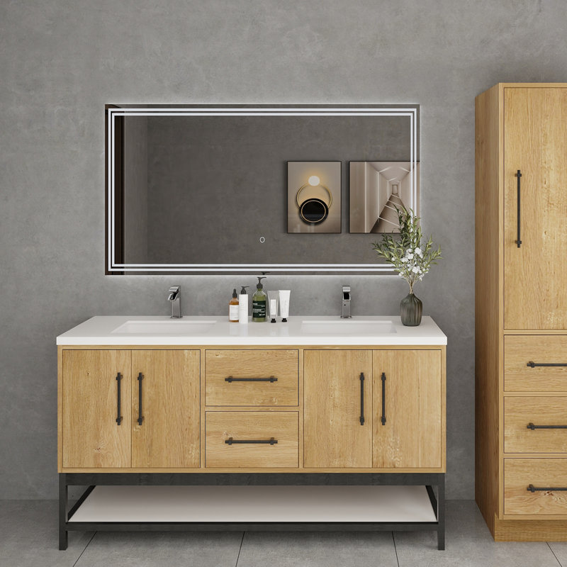 Meuble-lavabo mural 60 po avec support double en acrylique renforcé Victoria, Chêne