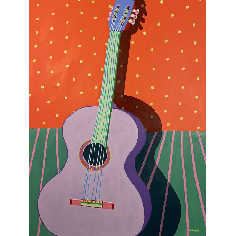 Guitare par Sue Graef - Peinture, Toile avec cadre noir, H 33 po x l 25 po
