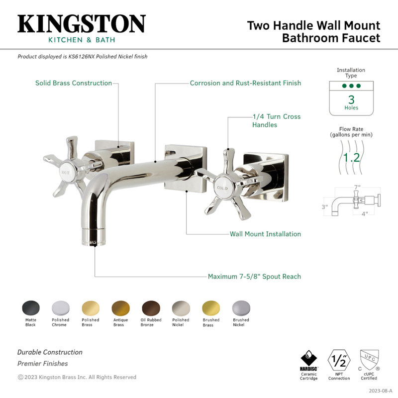 Kingston Brass Hamilton Two-Handle 3-Hole Wall Mount Bathroom Faucet, Polished Brass