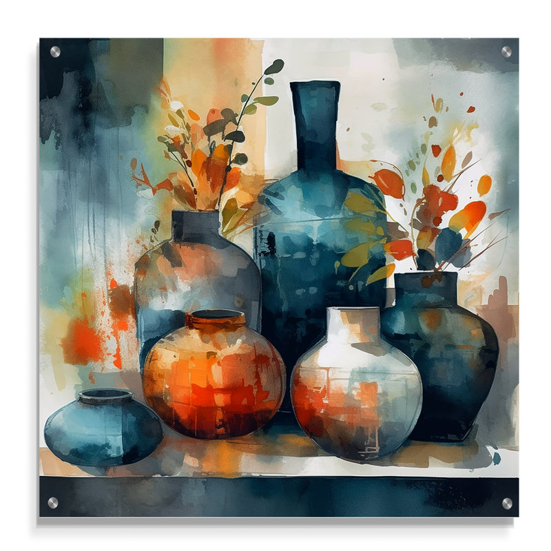 Art mural bleu et orange Boho Pottery I - Boho Pottery, art mural acrylique, H 36 po x l 36 po