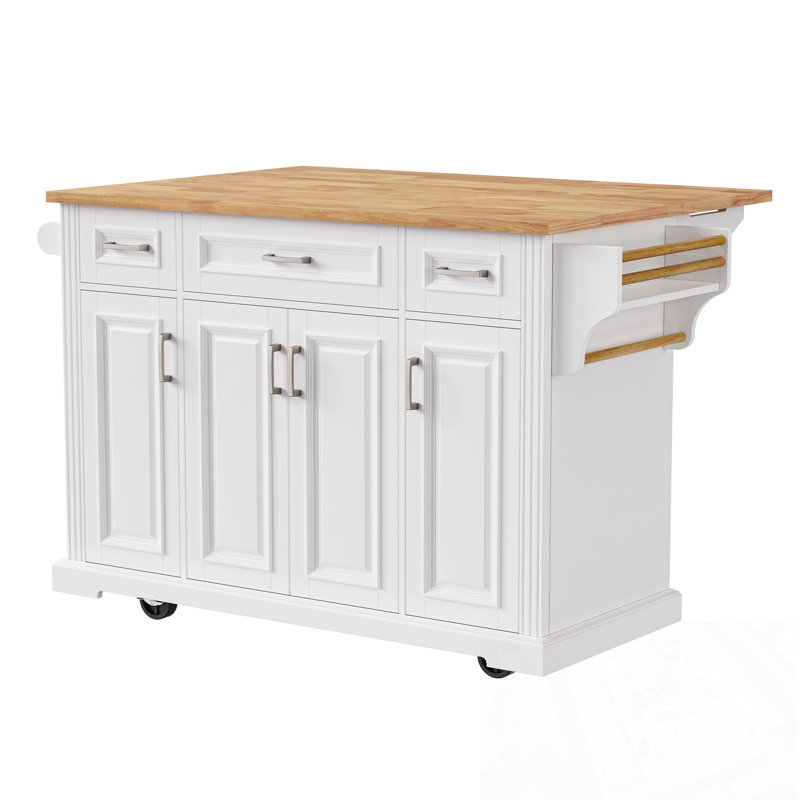 Kitchen Island with Drop Leaf, 4 Doors and 3 Drawers, White