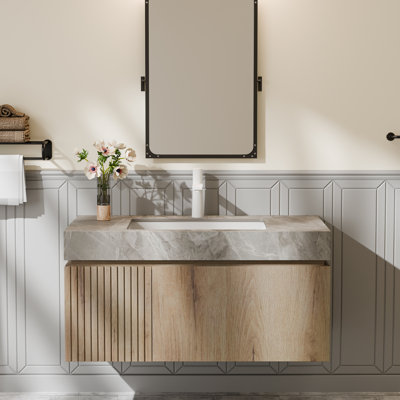 Meuble-lavabo mural 36 po avec lavabo, armoire en contreplaqué avec tiroir et porte Akshata, comptoir en pierre frittée de style italien gris clair