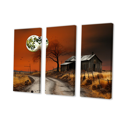 Red Moon Sunset Farmhouse Meadow - Farmhouse Windows Wall Art
