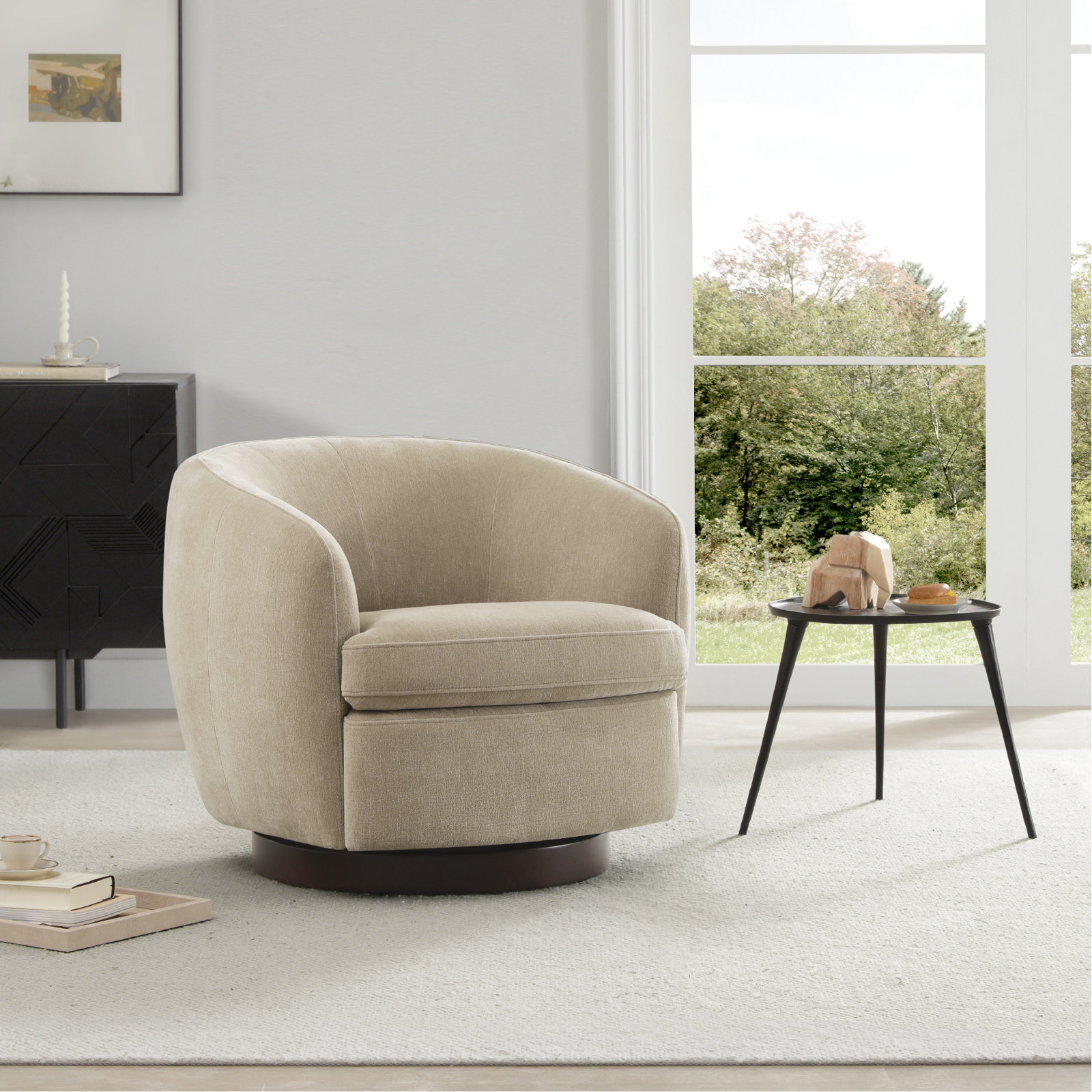 Marcy Upholstered Swivel Barrel Chair, Capri Wicker Chenille