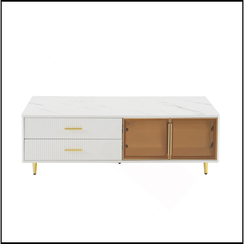 Table basse moderne blanche avec 2 portes de rangement en verre, 4 tiroirs, des pieds en métal doré et un éclairage multicolore de 47,2 po