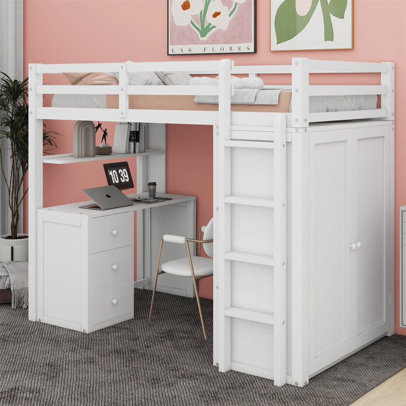Lit mezzanine avec tiroirs, bureau et garde-robe, Blanc