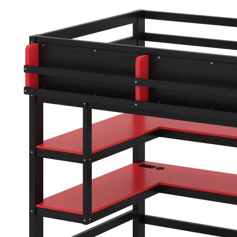 Gaming Loft Bed With Built-In Desk And Storage Shelves, Space-Saving Wooden Bed Frame With LED & Side Race, Lit simple, Rouge