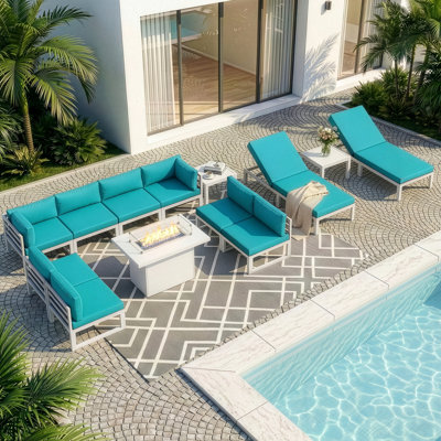 13 Pieces Modern Aluminum Patio Furniture Set With Natural Gas/Propane Firepit Table, Outdoor Modular Sectional Conversation Set With Patio Chaise Lounges