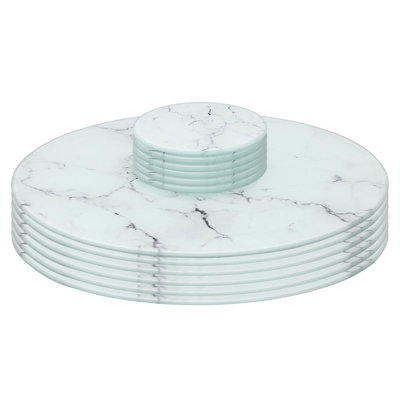 Harbour Housewares - 12pc Round Glass Placemats & Round Coasters Set - 30cm - White Marble Effect