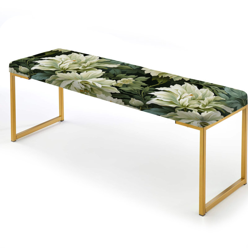 Green Damask Marigold Oasis - Damask Upholstered Gold Bench