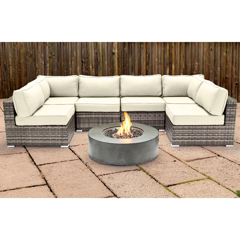 Lsi Fully Assembled 7 Peice Sectional Seating Group With Sunbrella Cushions And Fire Pit, Sunbrella Canvas