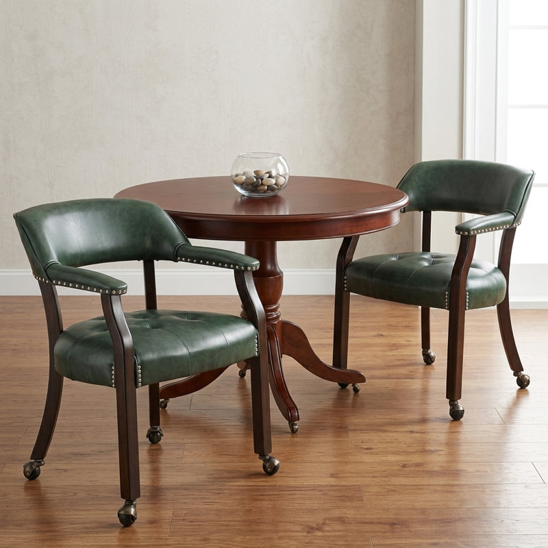 Wexford Collection Set of 2 Mid-Century Modern Upholstered Dining Chairs, Faux Leather Wood Accent Chairs with Arms and Casters for Dining Room, Kitchen or Office
