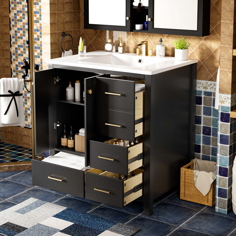 Meuble-lavabo 30 po avec lavabo en céramique, Noir, noir, noir, noir