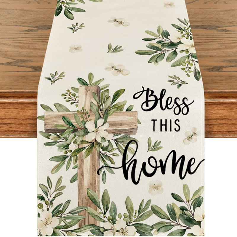 Cross Olive Leaves Spring Table Runner Polyester Durable Easy Care Home Dining Party Decor Summer Easter 1 Piece