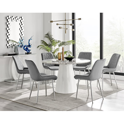 Edward Statement Marble Effect Pedestal Dining Table Set with 6 Velvet Upholstered Dining Chairs