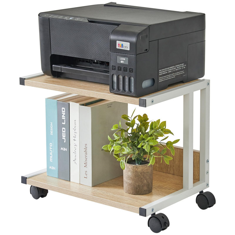 Naticia Under Desk Printer Stand, 2-Tier Cart for Printer & Fax, Mobile Home Desktop Organizer Shelf with 4 Wheels