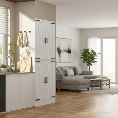 Grande armoire blanche avec porte de grange et tiroirs de rangement, 4 tablettes réglables, rangement indépendant, convient à de multiples cas de figure.